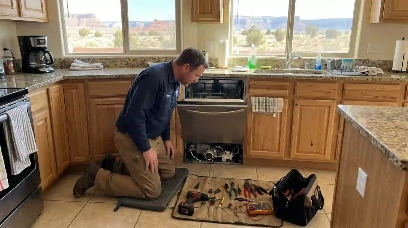 Technician repairing a dishwasher in a Farmington kitchen