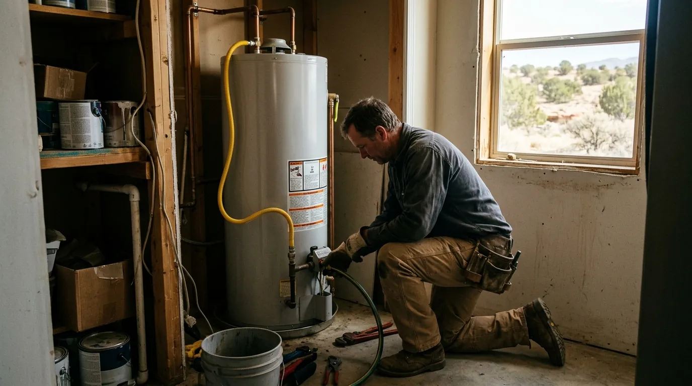 Technician flushing a propane water heater in a Blanco home