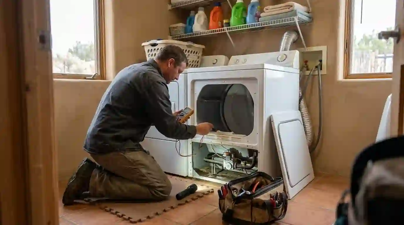 Technician testing the igniter on an open gas dryer