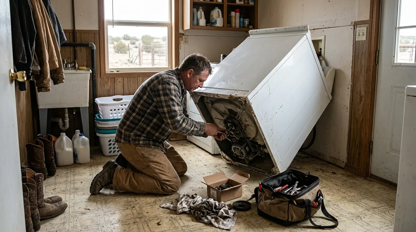 Technician repairing an older top-load washer in Farmington