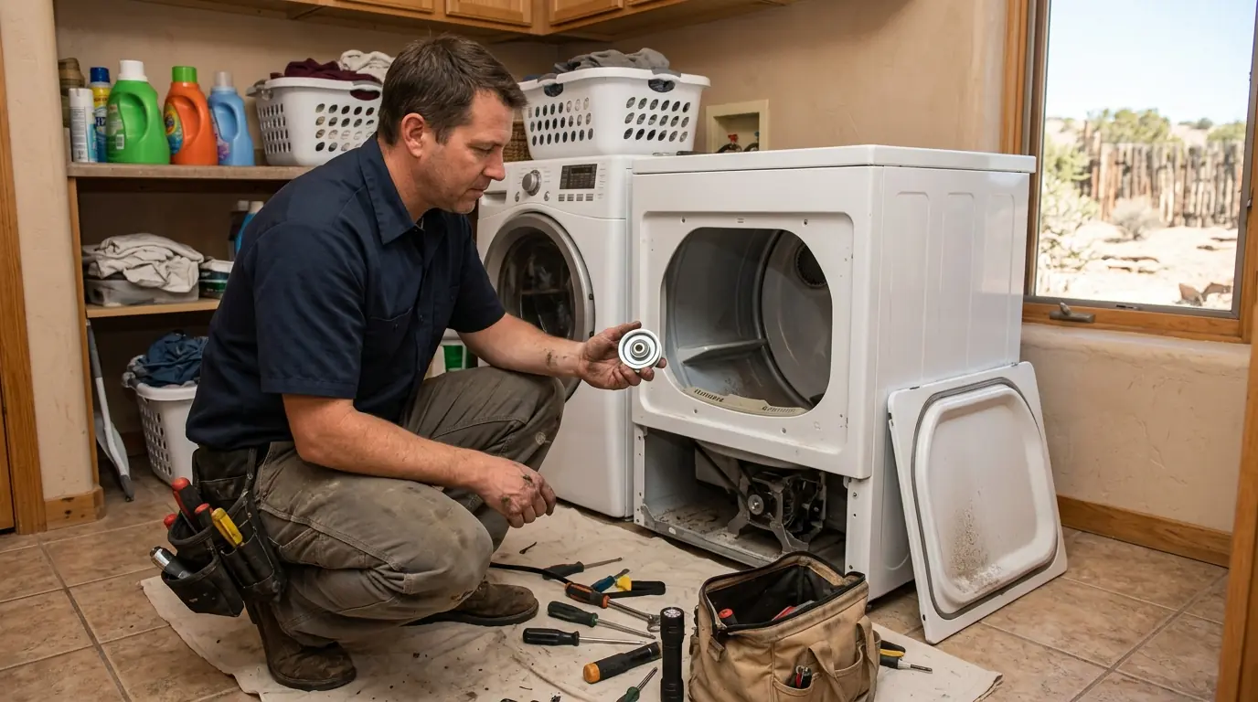 Technician with dryer replacement parts in a Farmington laundry room