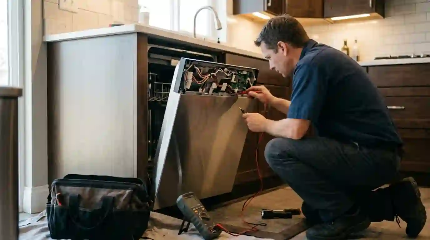 Tech testing a dishwasher control panel in a Farmington kitchen