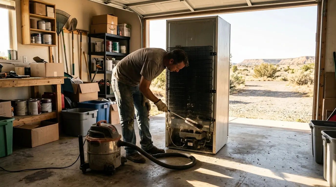 Cleaning dusty refrigerator coils in a garage