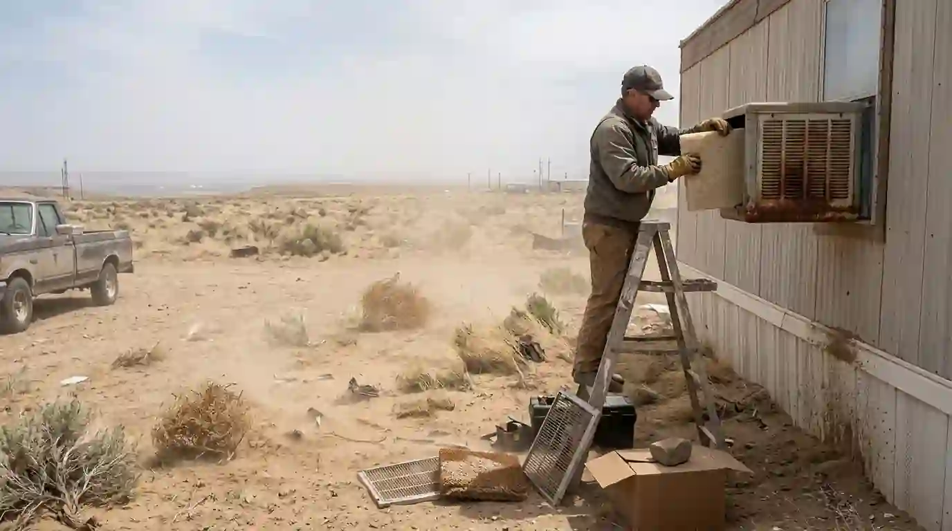 Technician servicing a swamp cooler on a Crouch Mesa home