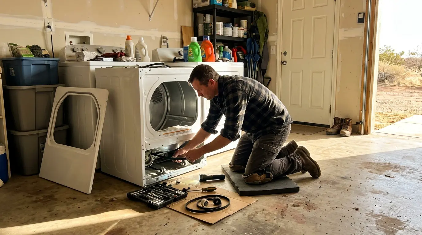 Tech replacing a dryer belt in a Farmington garage laundry