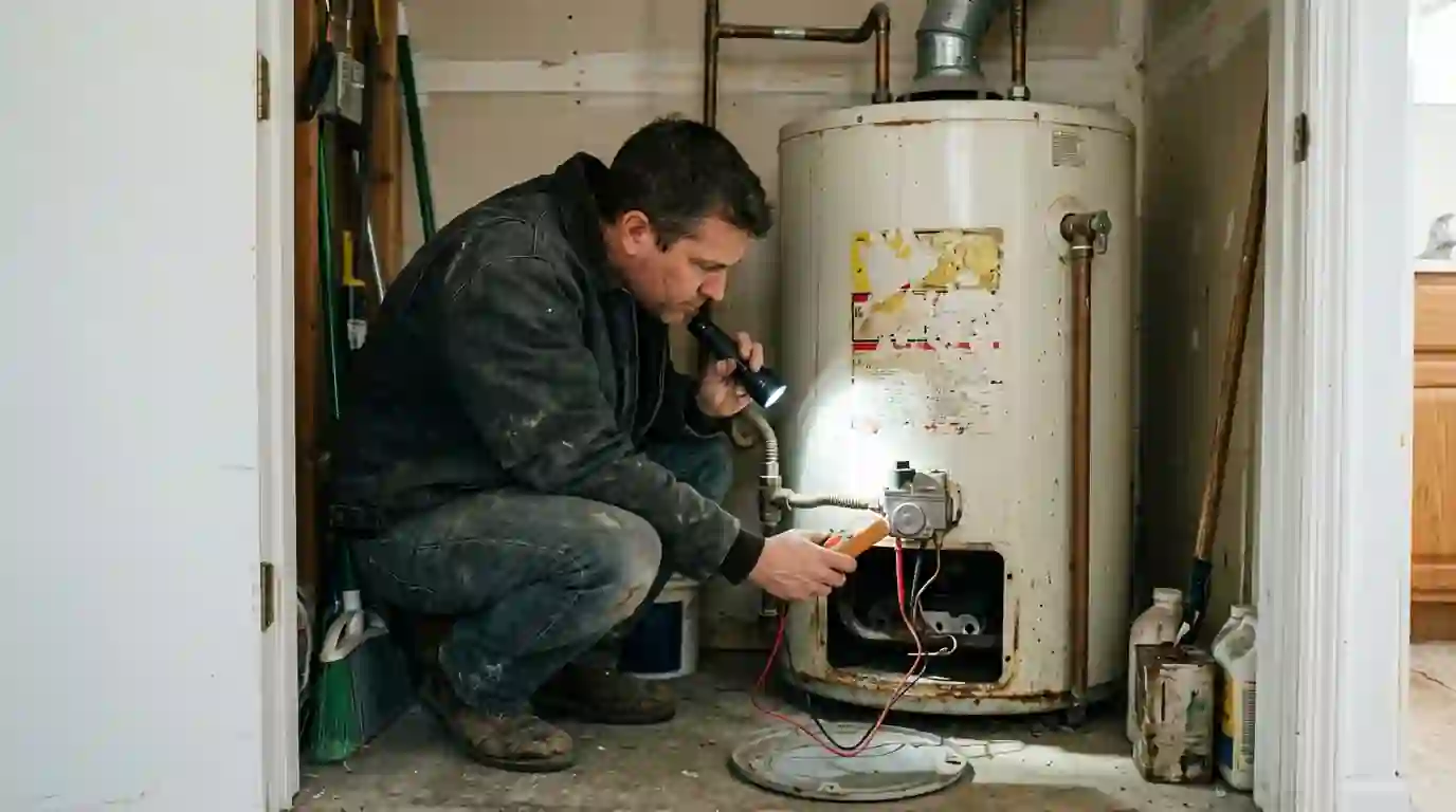 Technician checking an older gas water heater in a Southside Farmington home