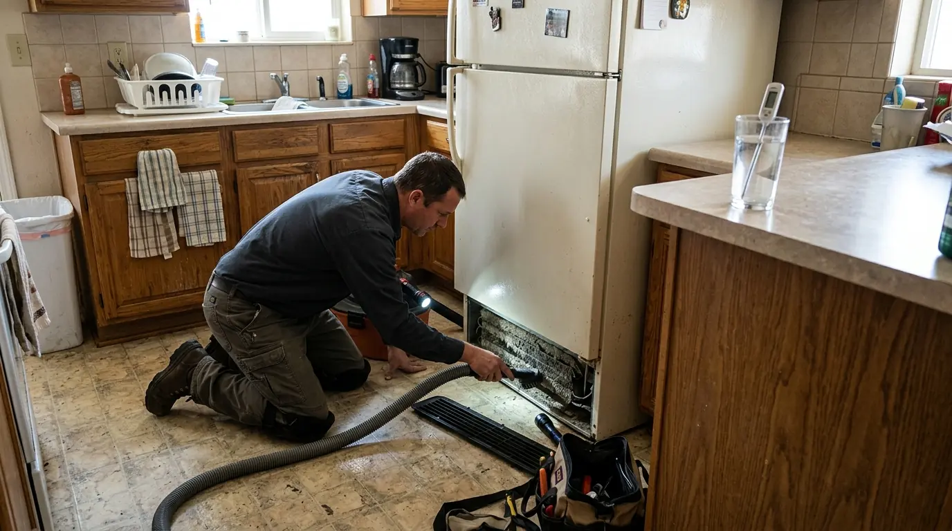 Technician cleaning dusty fridge condenser coils in a Farmington kitchen