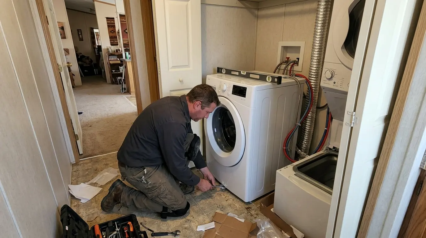 Technician leveling a new washer in a Farmington laundry closet