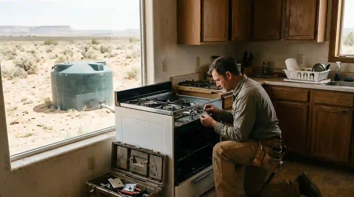 Technician repairing a propane range in a rural Nageezi home