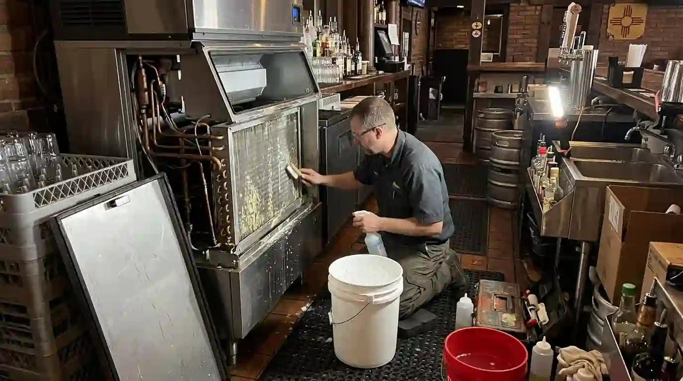 Technician cleaning a commercial ice machine behind a Farmington bar