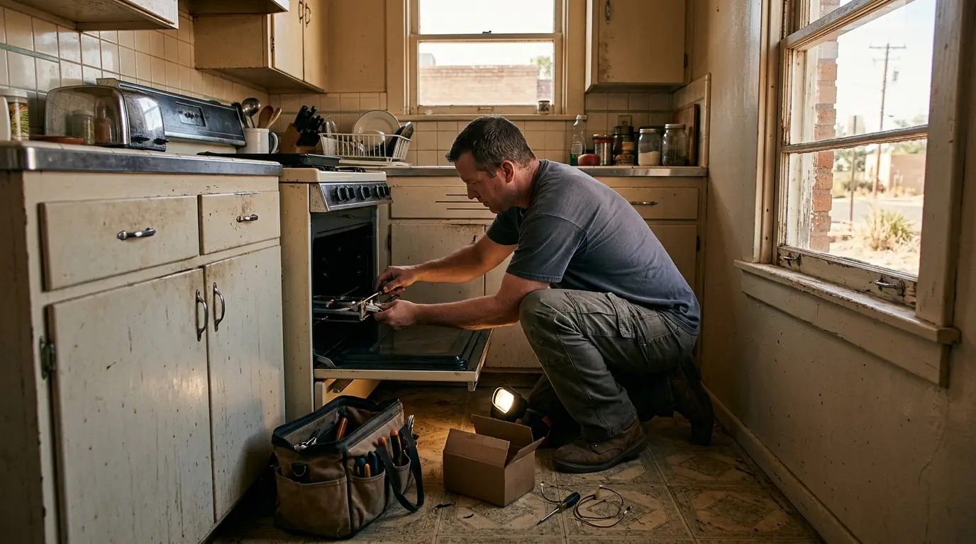 Technician fixing a gas range in an older downtown Farmington galley kitchen