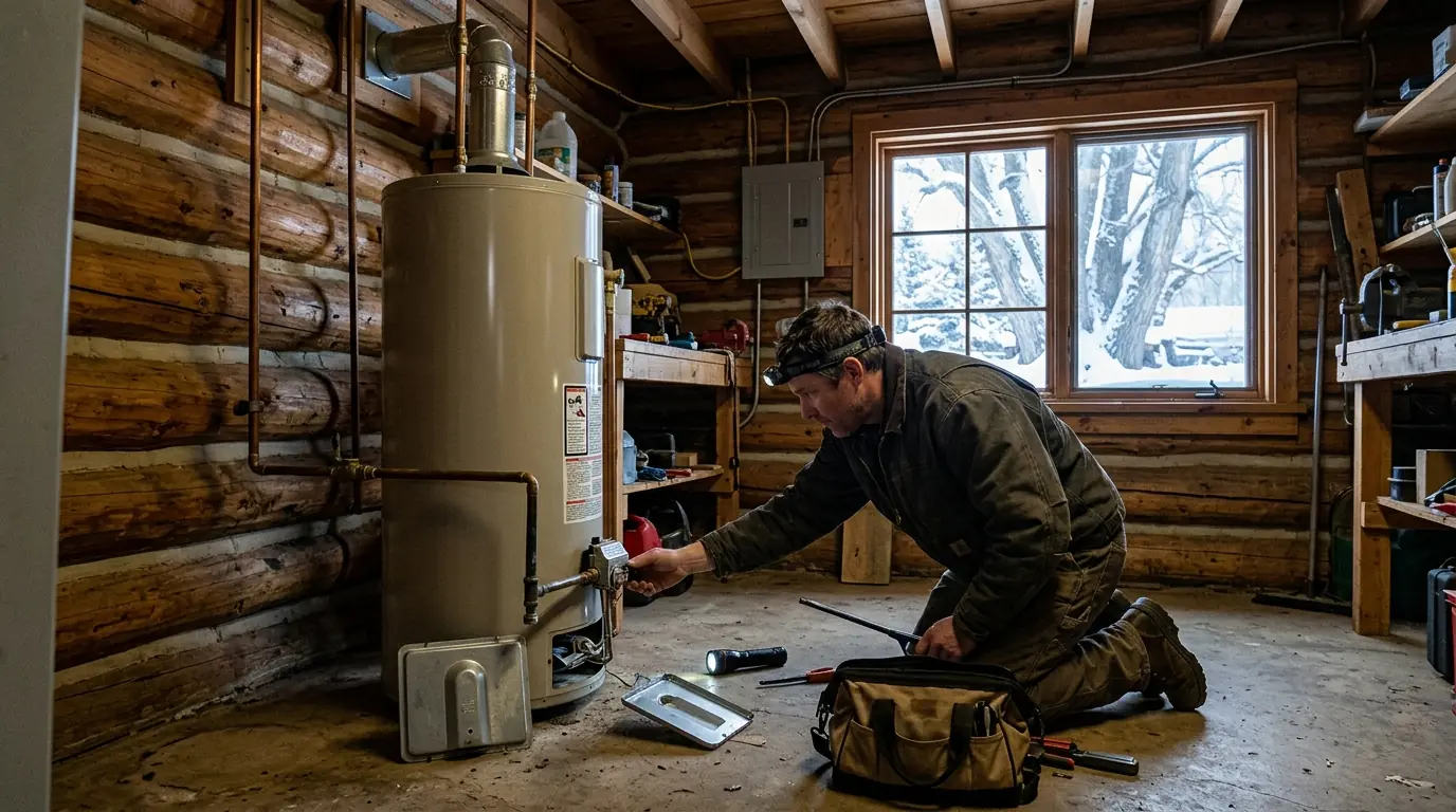 Technician servicing a propane water heater in an Animas Valley cabin