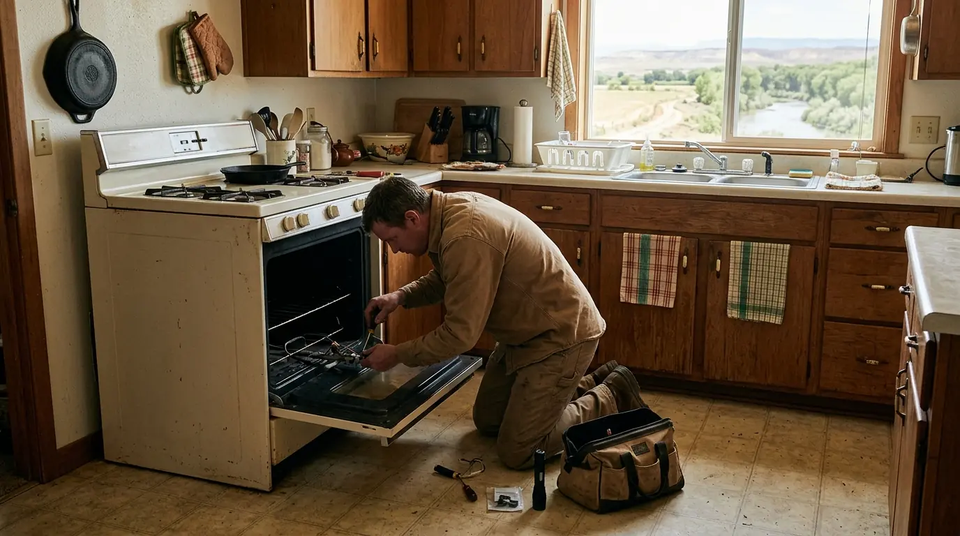 Technician repairing an older propane range in a Fruitland kitchen
