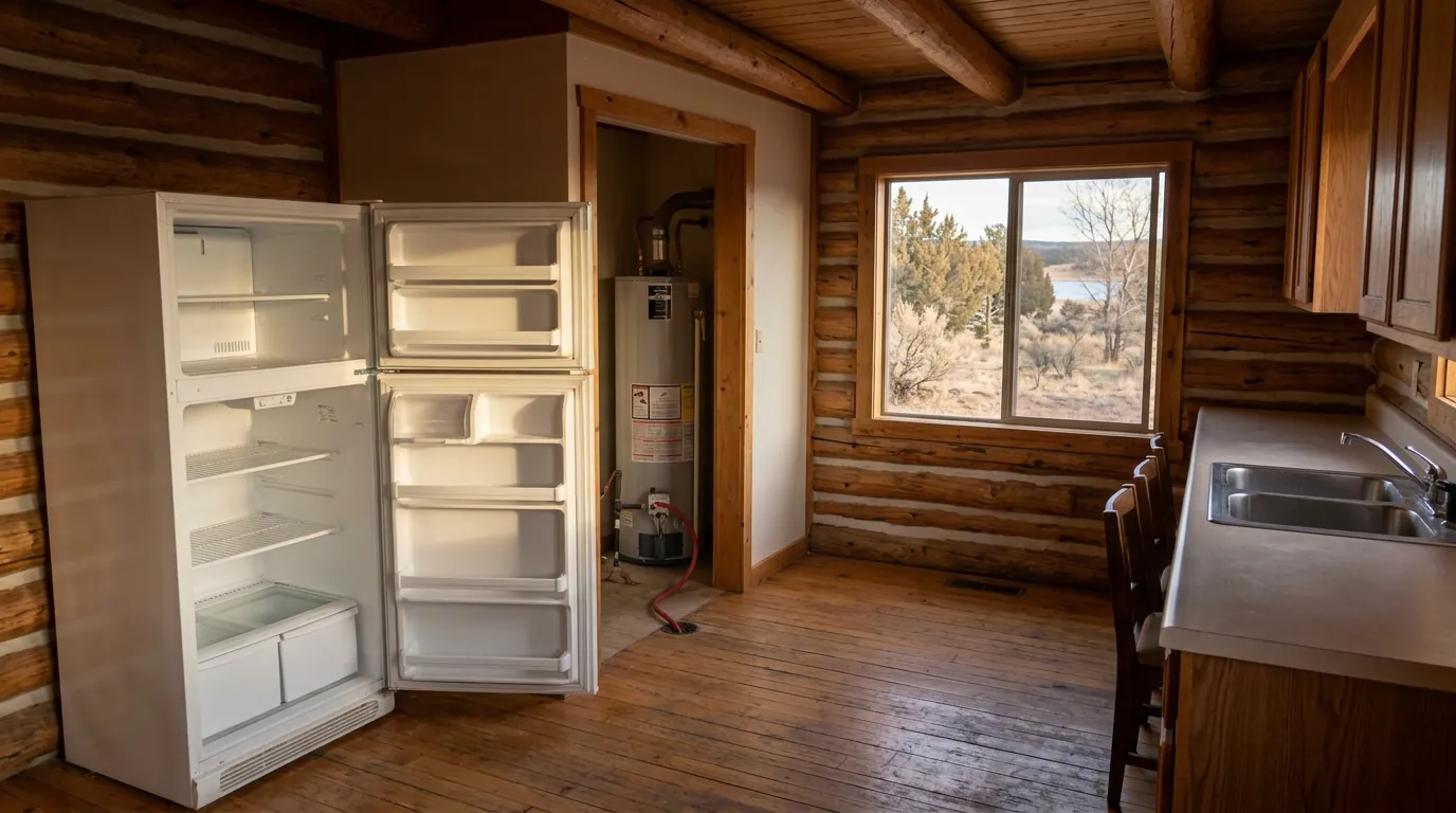 Cabin kitchen closed for winter with refrigerator doors propped open