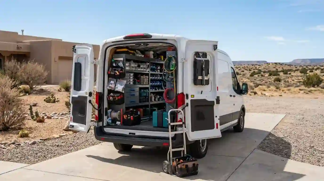 Service van shelves loaded with appliance parts and tools