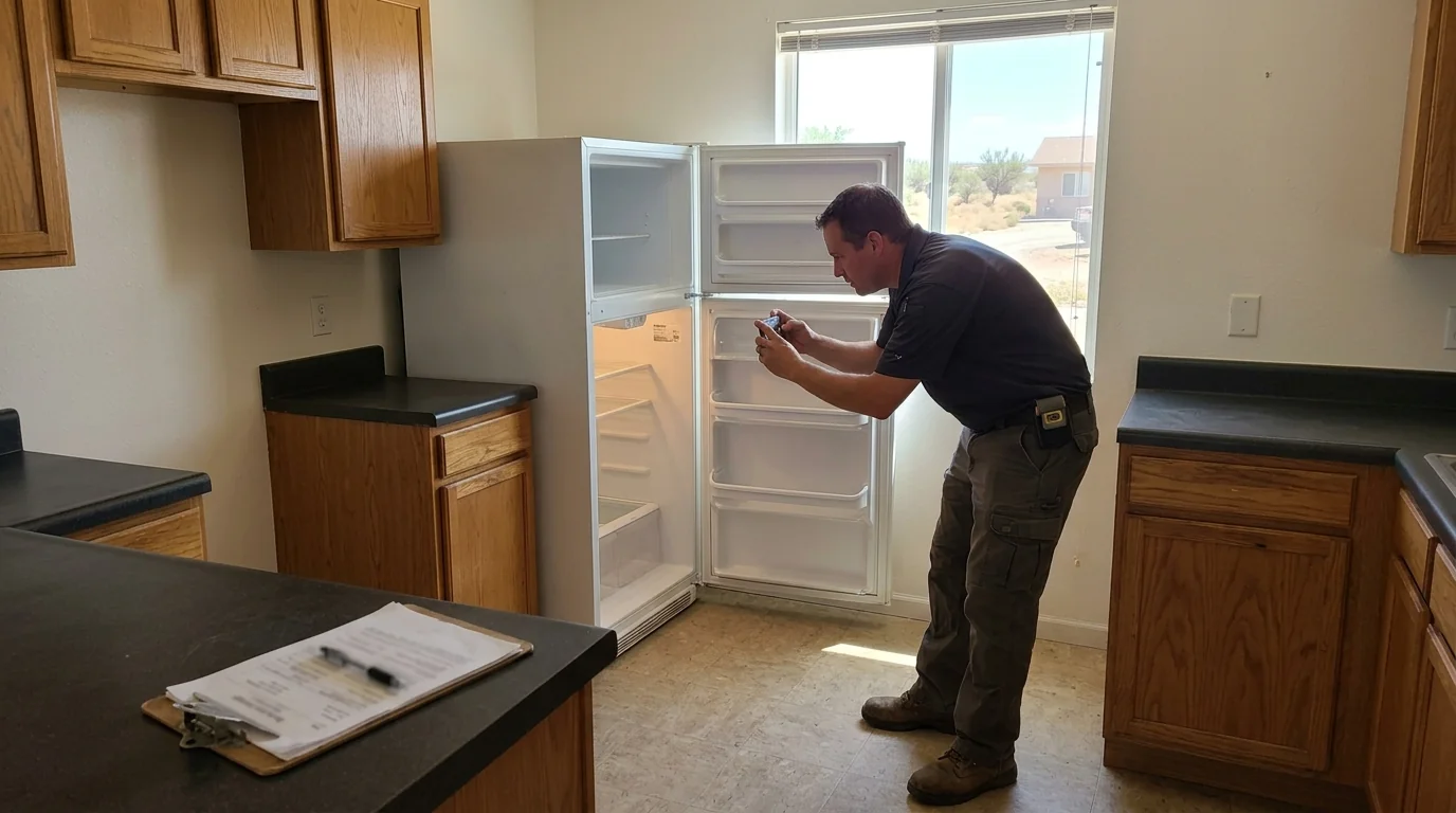 Technician documenting a refrigerator in a vacant Farmington rental