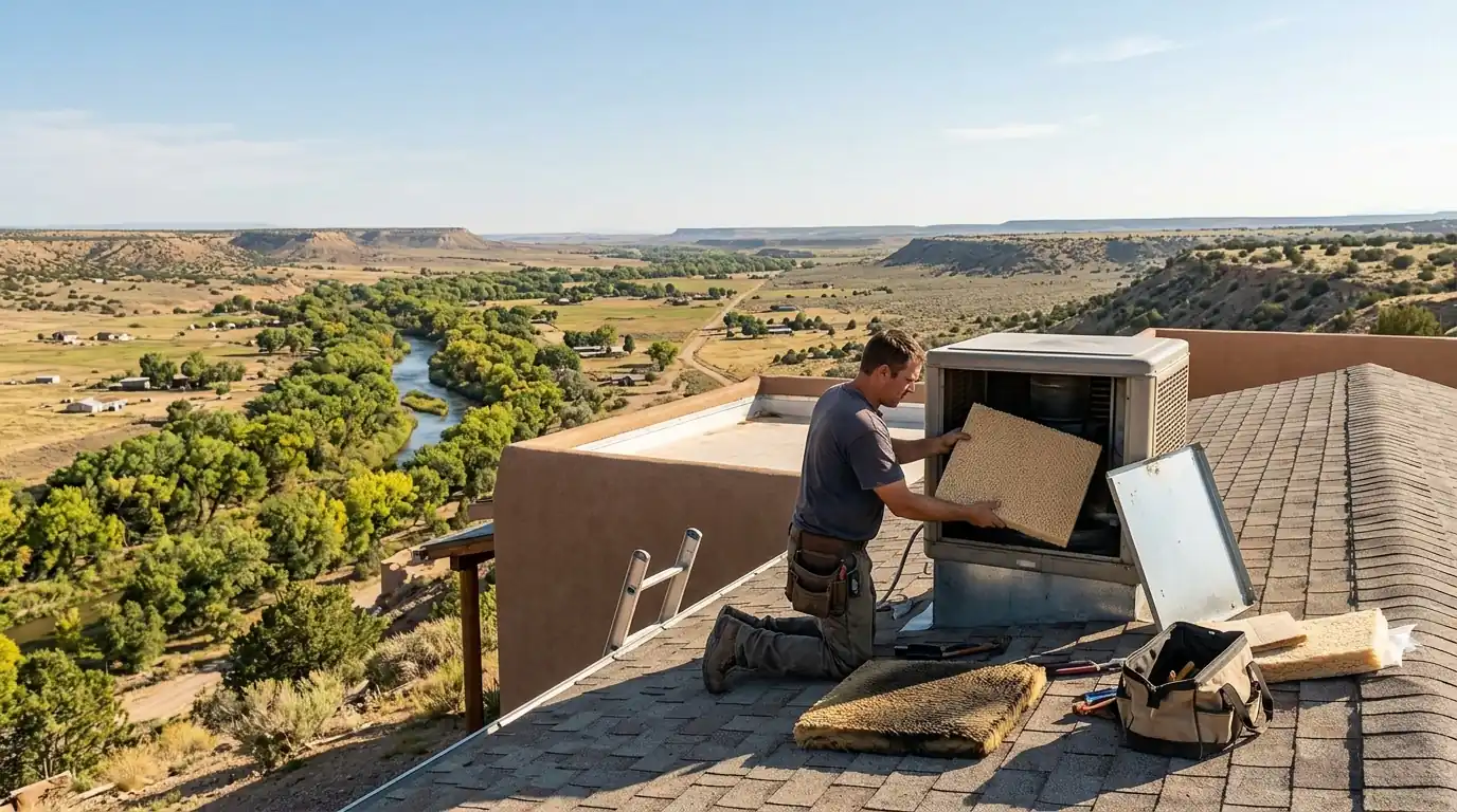 Technician servicing a rooftop swamp cooler on an Aztec, New Mexico home