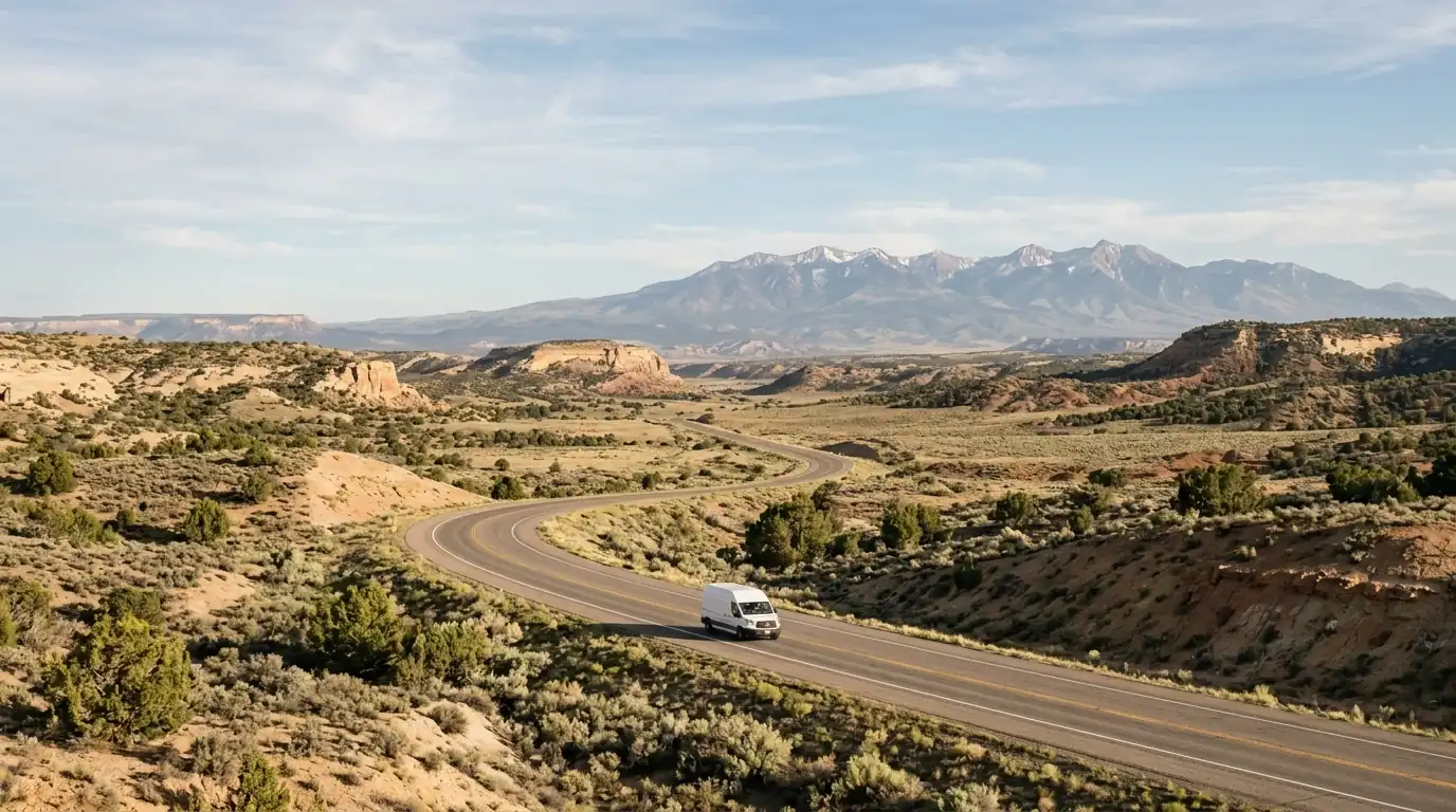 Highway heading north from Farmington toward the Colorado mountains