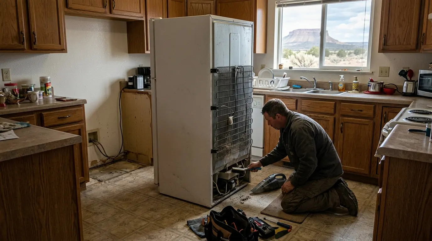 Technician cleaning refrigerator condenser coils in a Cortez, Colorado home