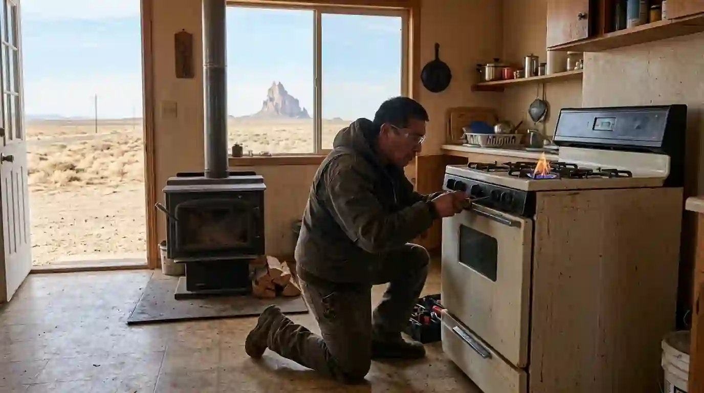 Technician adjusting a propane range flame in a Newcomb home