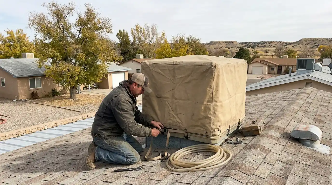 Technician covering a rooftop swamp cooler for winter in Farmington