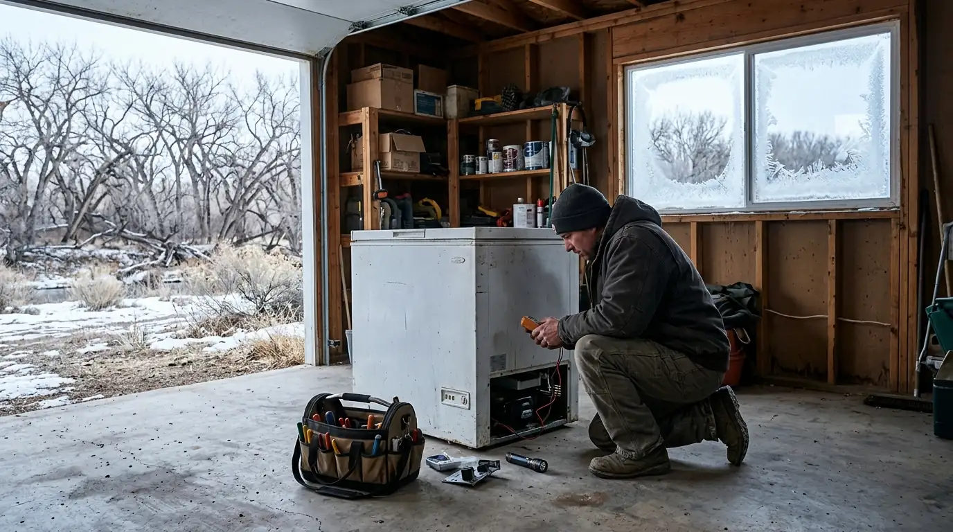 Technician checking a garage freezer in a Cedar Hill home