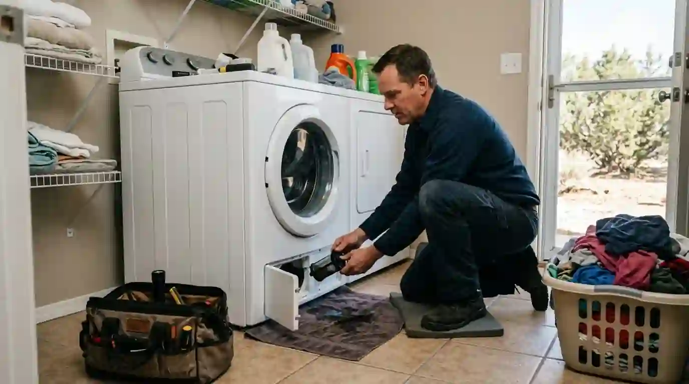Technician servicing a front-load washer in a Piñon Hills laundry room