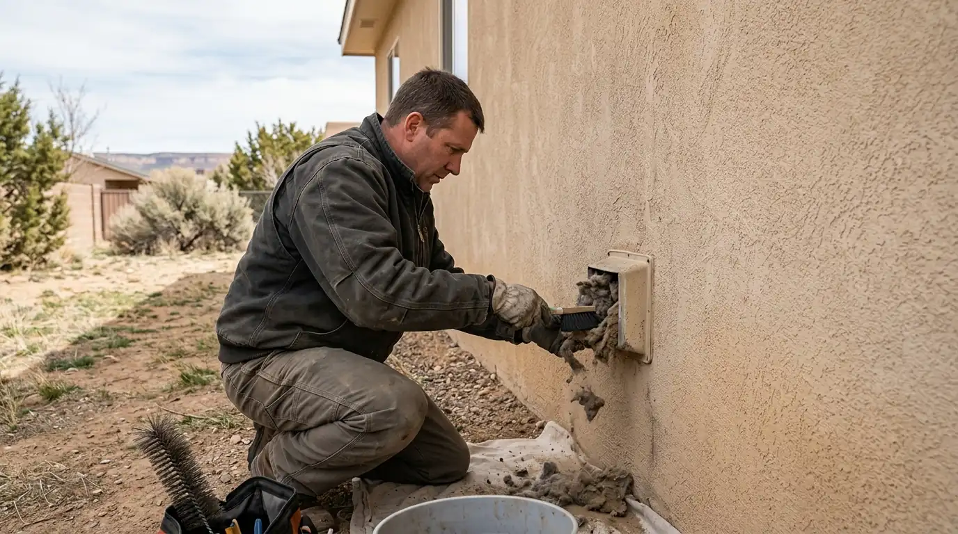 Technician cleaning lint and sand from an outside dryer vent cap
