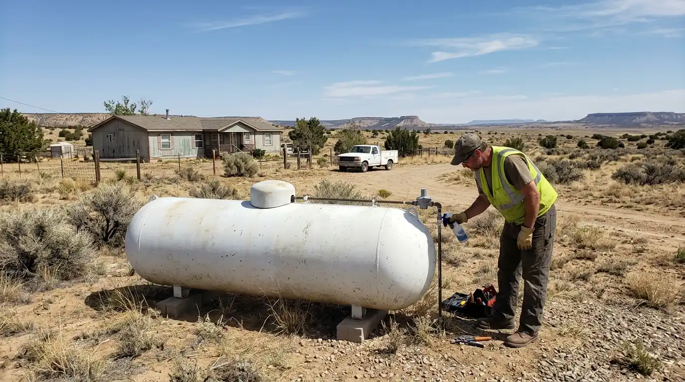 Technician leak-testing a propane line beside a rural home