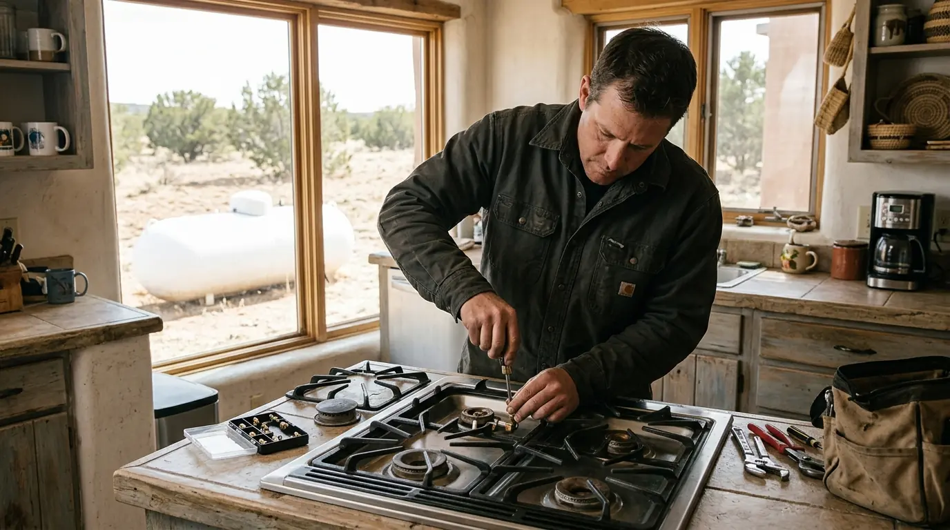 Technician converting a gas range burner to propane