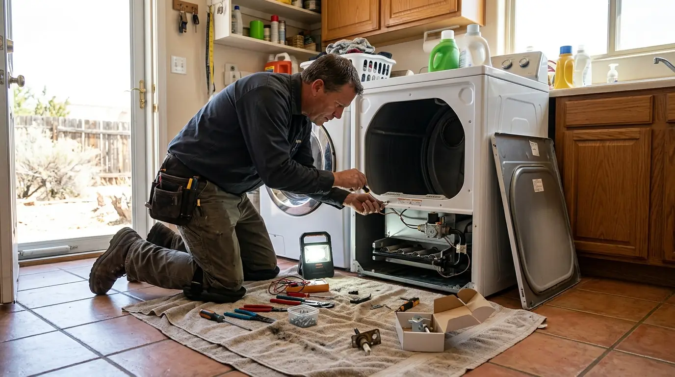 Technician replacing a dryer igniter in a Farmington laundry room
