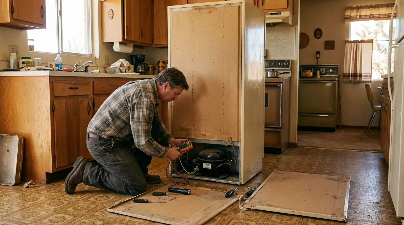 Technician testing an older refrigerator compressor relay in a Farmington kitchen