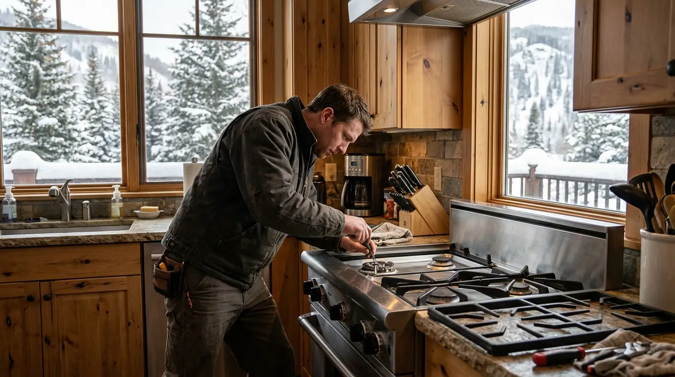 Technician adjusting a gas range burner in a Durango, Colorado kitchen