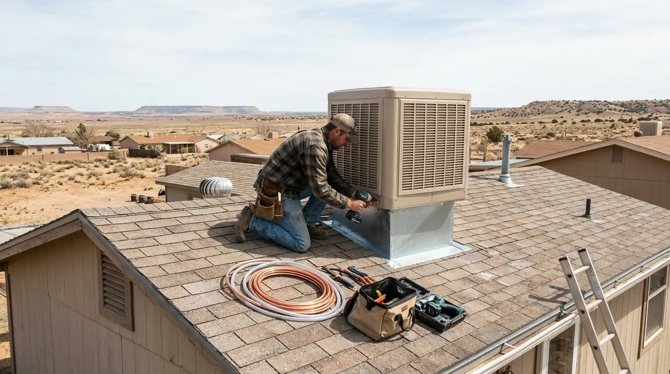 New swamp cooler being installed on a Farmington roof