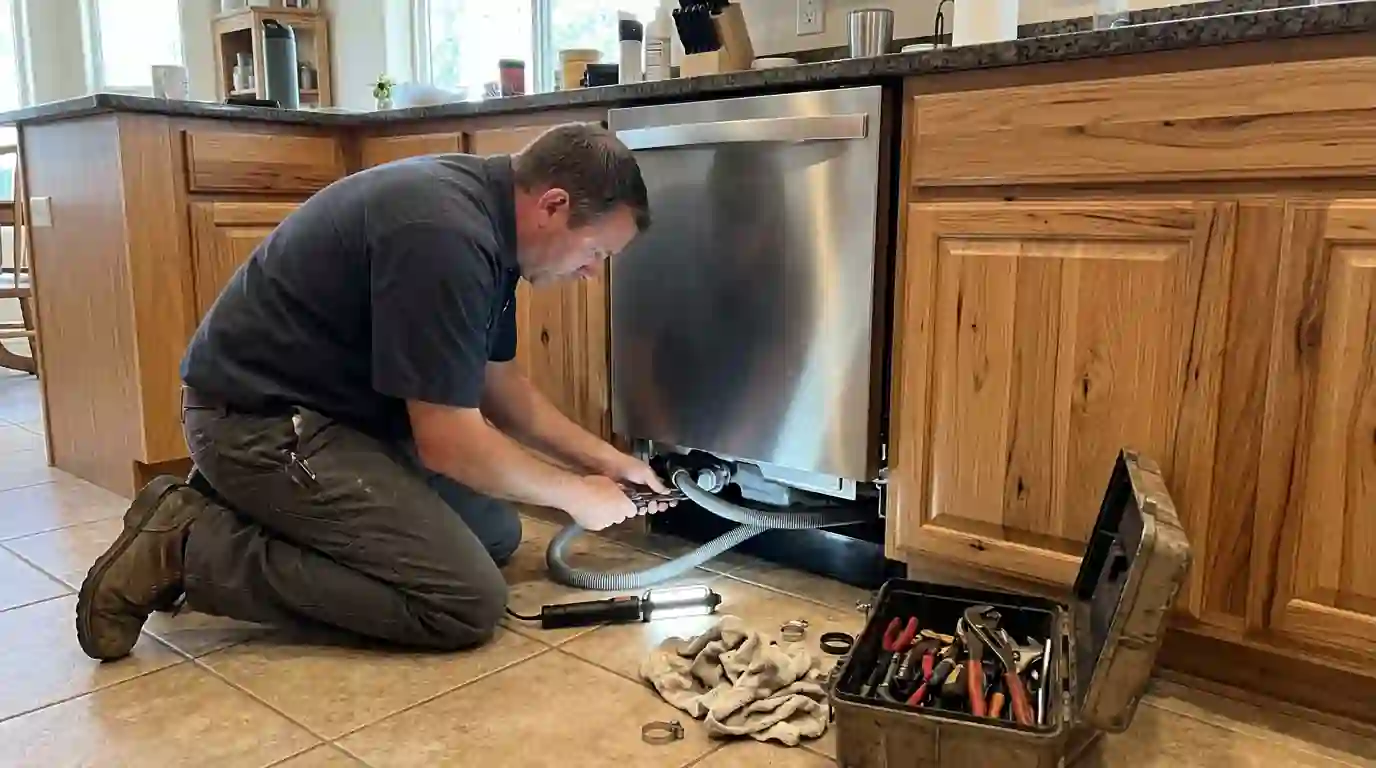 New dishwasher being installed under a granite counter