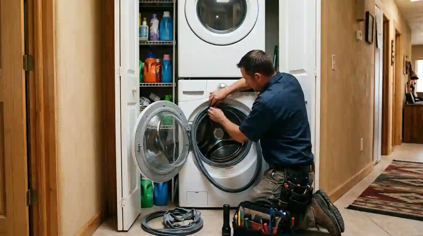 Technician replacing a front-load washer door gasket in a laundry closet