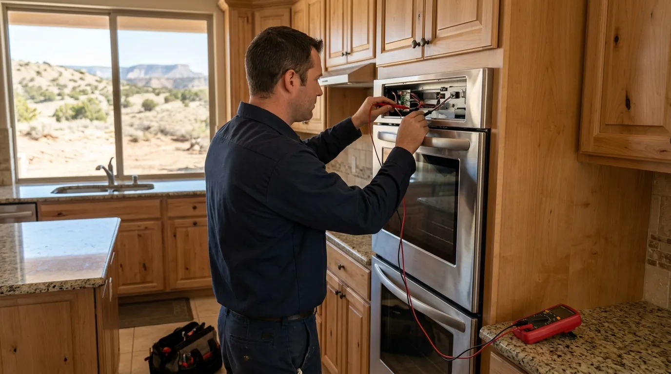 Technician testing a double wall oven in a Farmington kitchen
