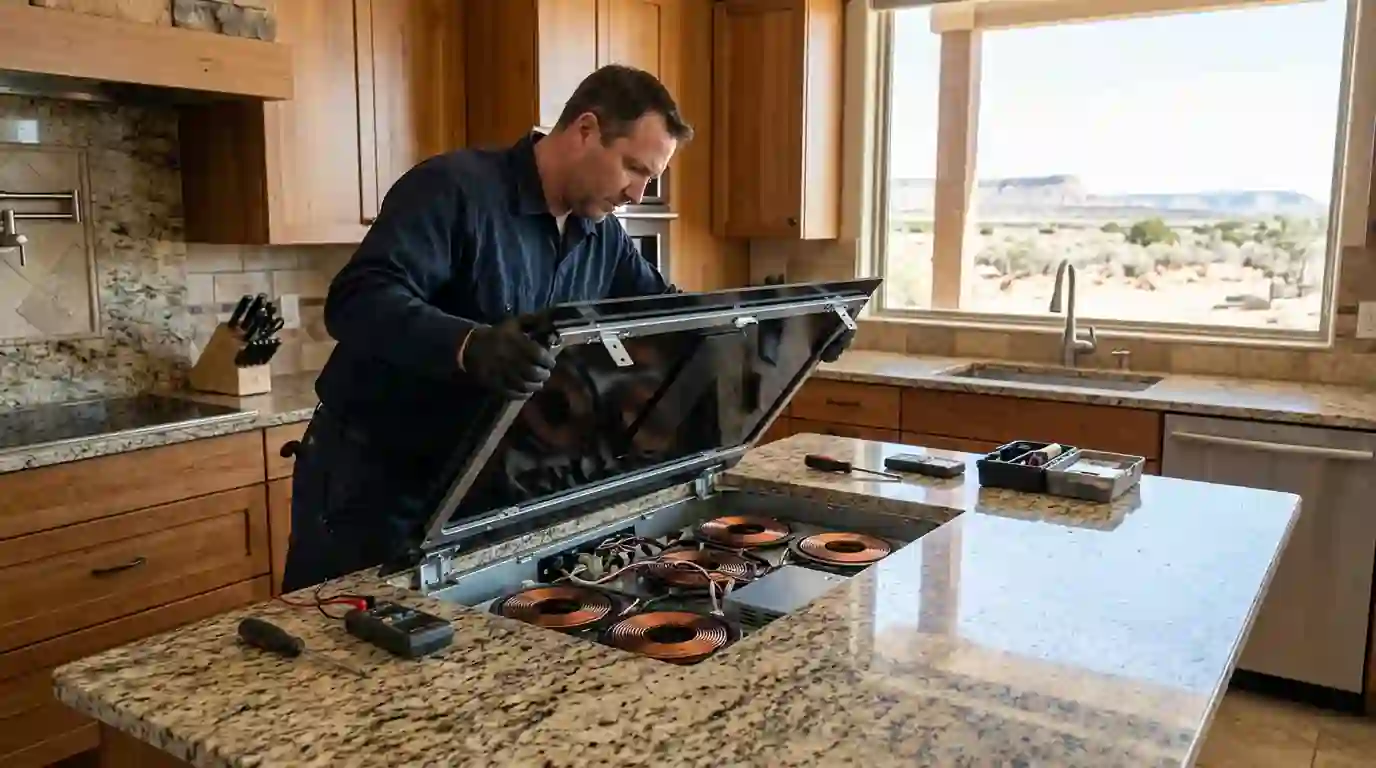 Technician lifting a glass induction cooktop to reach the parts