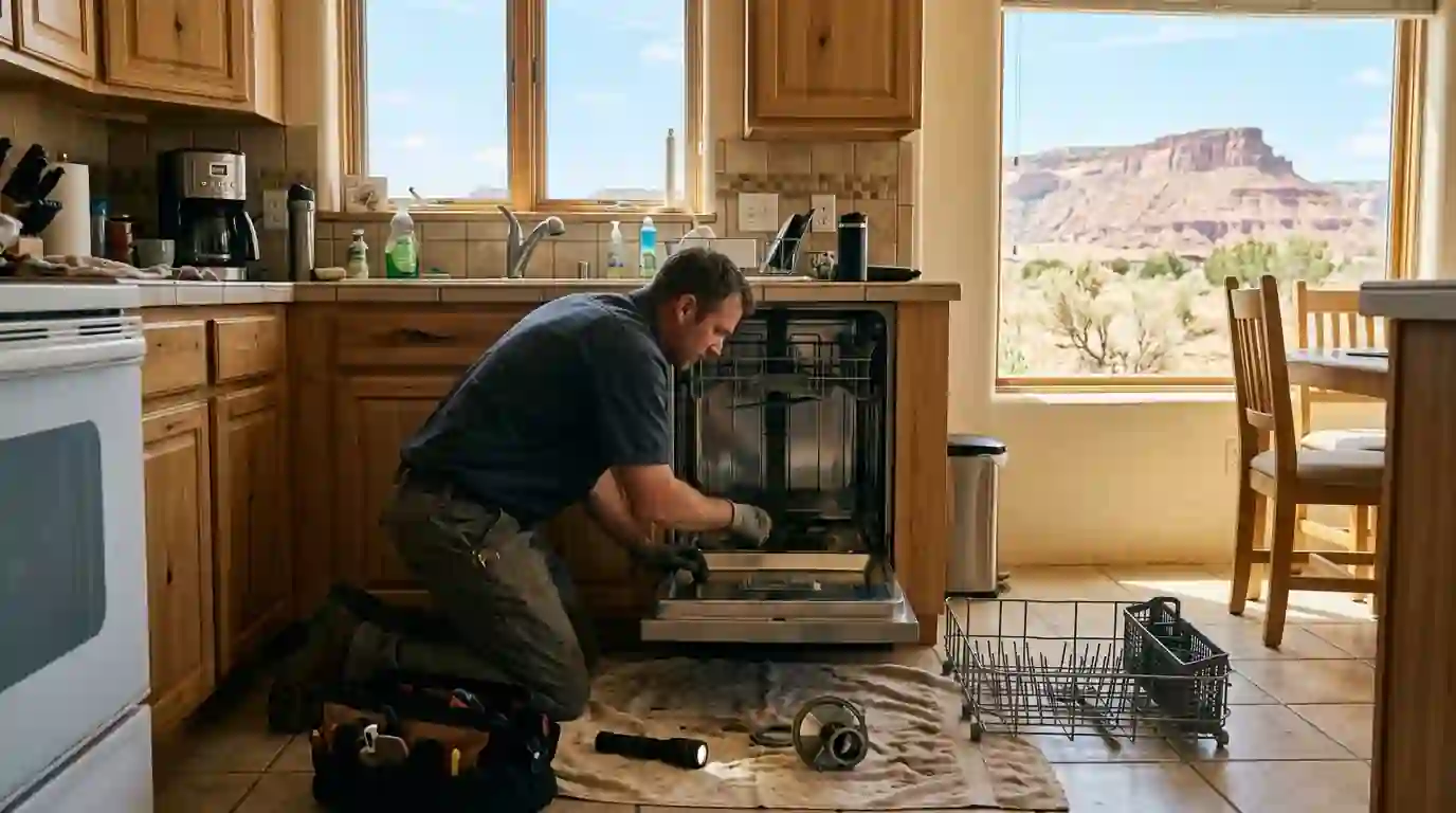 Technician cleaning a dishwasher filter in a Farmington kitchen
