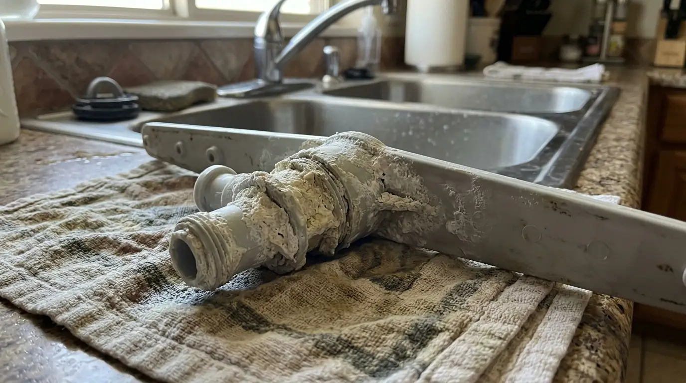 Mineral scale on a dishwasher spray arm and inlet valve