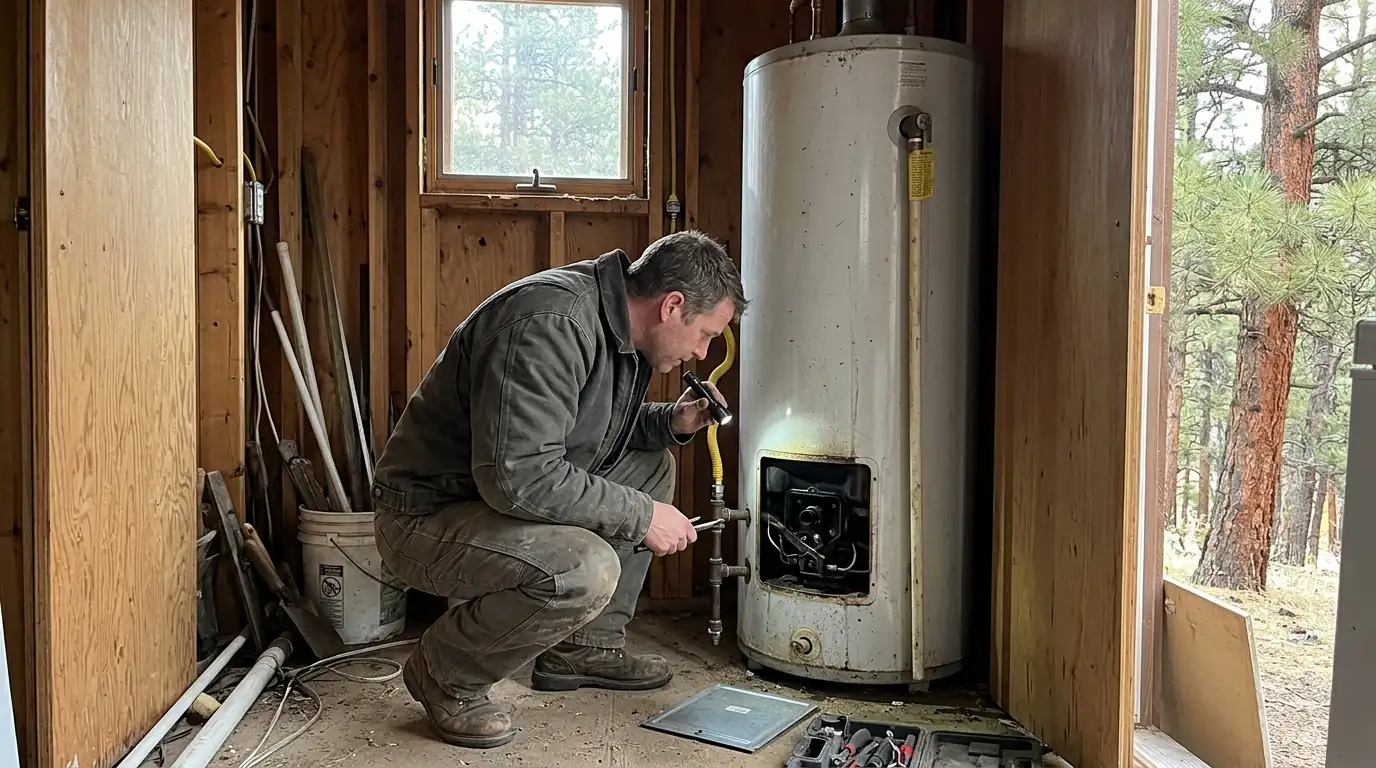 Technician checking a propane water heater in a Dolores, Colorado cabin