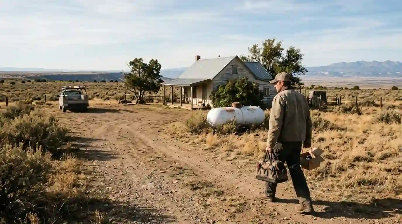 Technician walking to a farmhouse in Montezuma County, Colorado