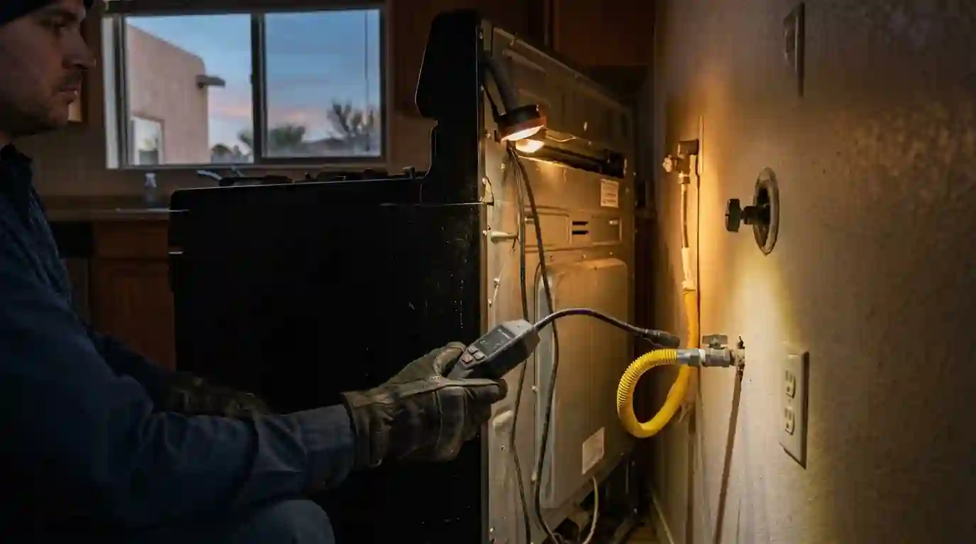 Technician checking a gas range connector with a leak detector
