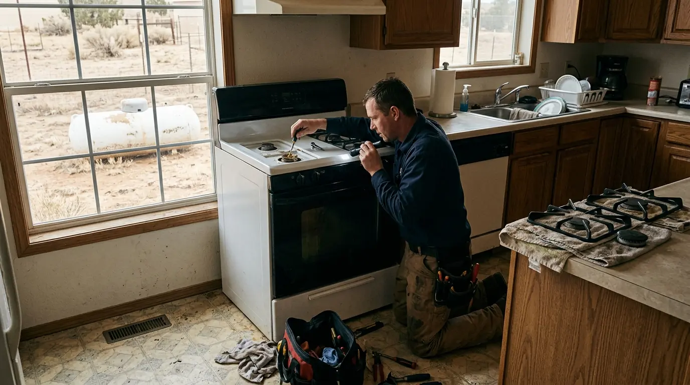 Technician servicing a gas range burner in a rural kitchen