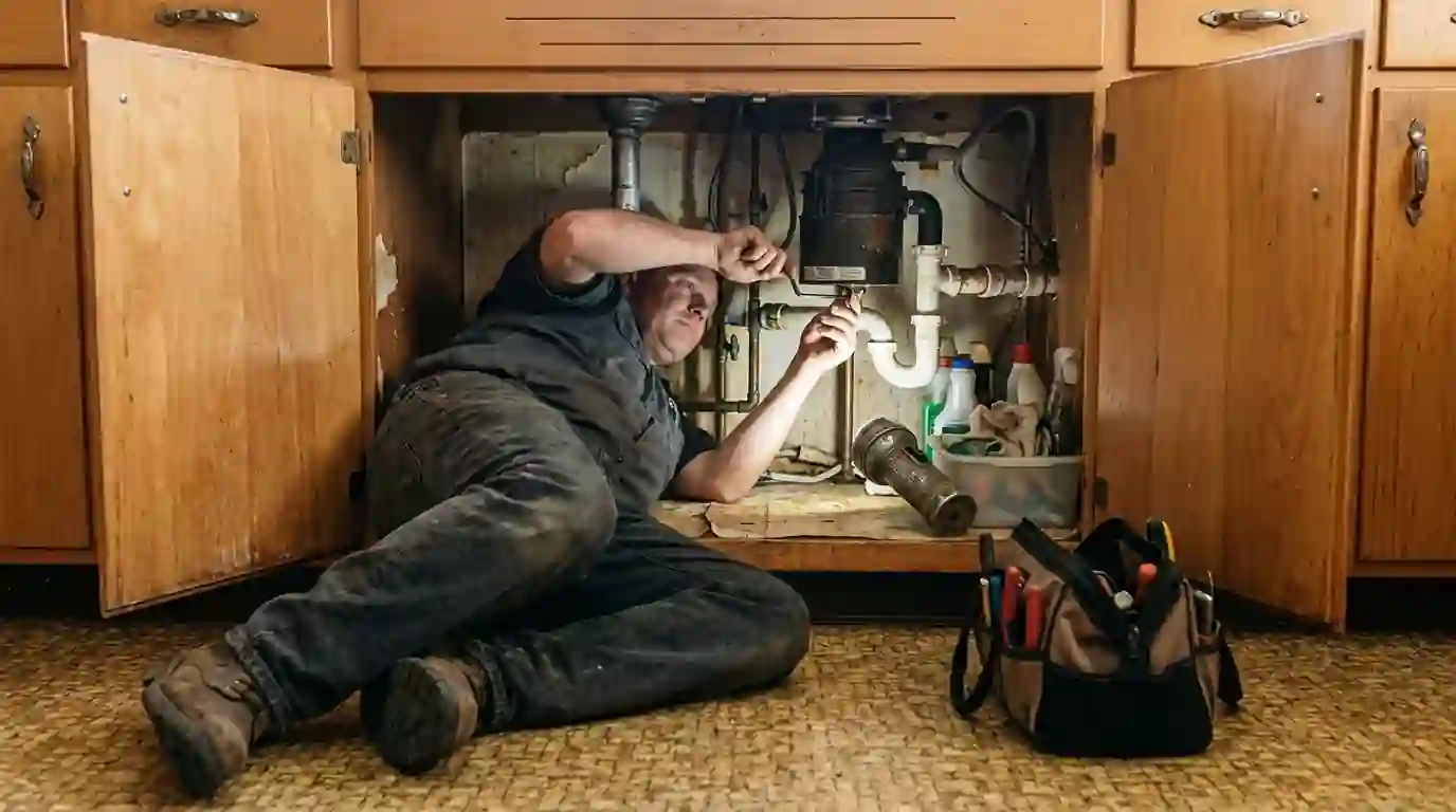Technician freeing a jammed garbage disposal under a kitchen sink