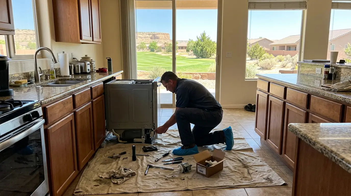 Technician repairing a dishwasher on a drop cloth in a Country Club home