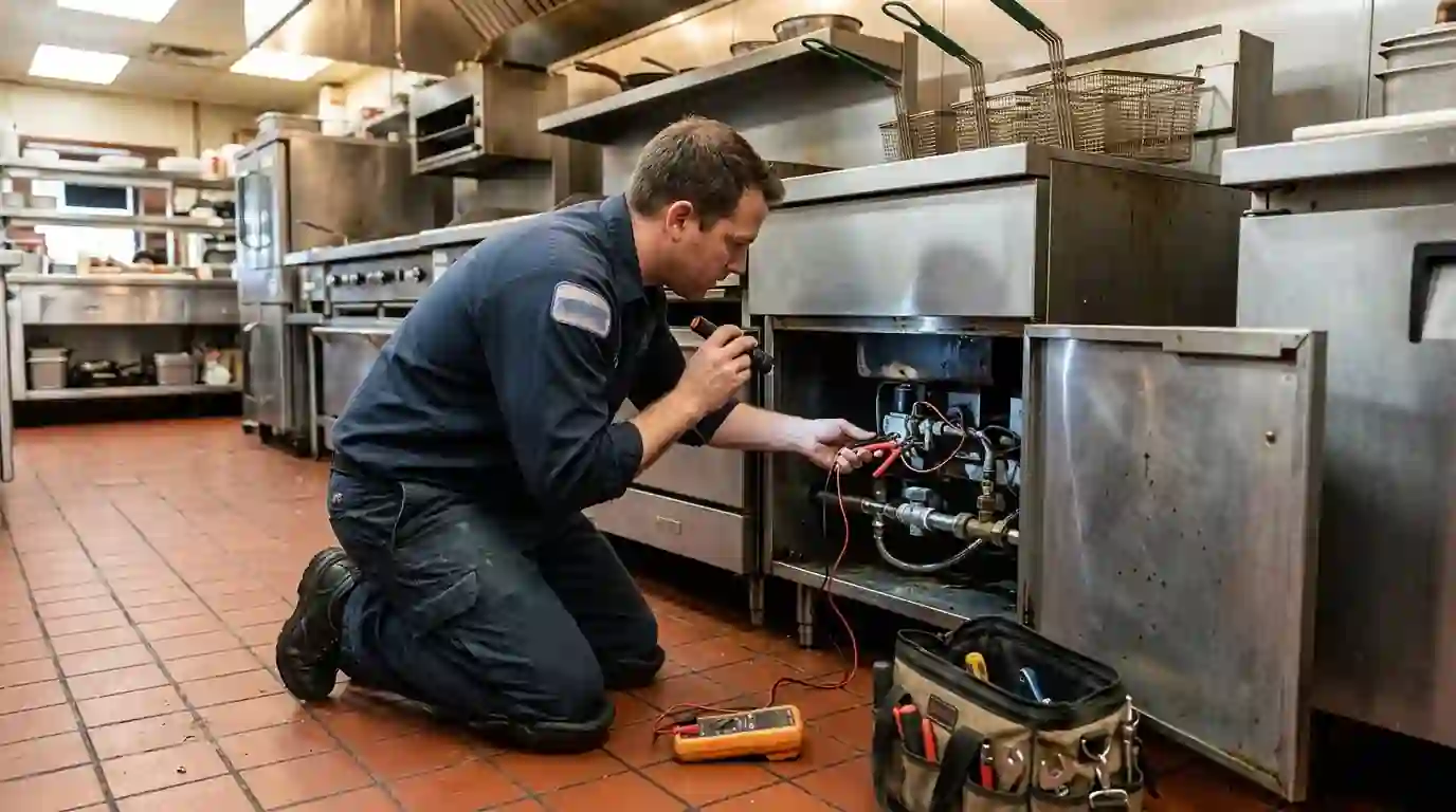 Technician testing a restaurant fryer pilot in Farmington