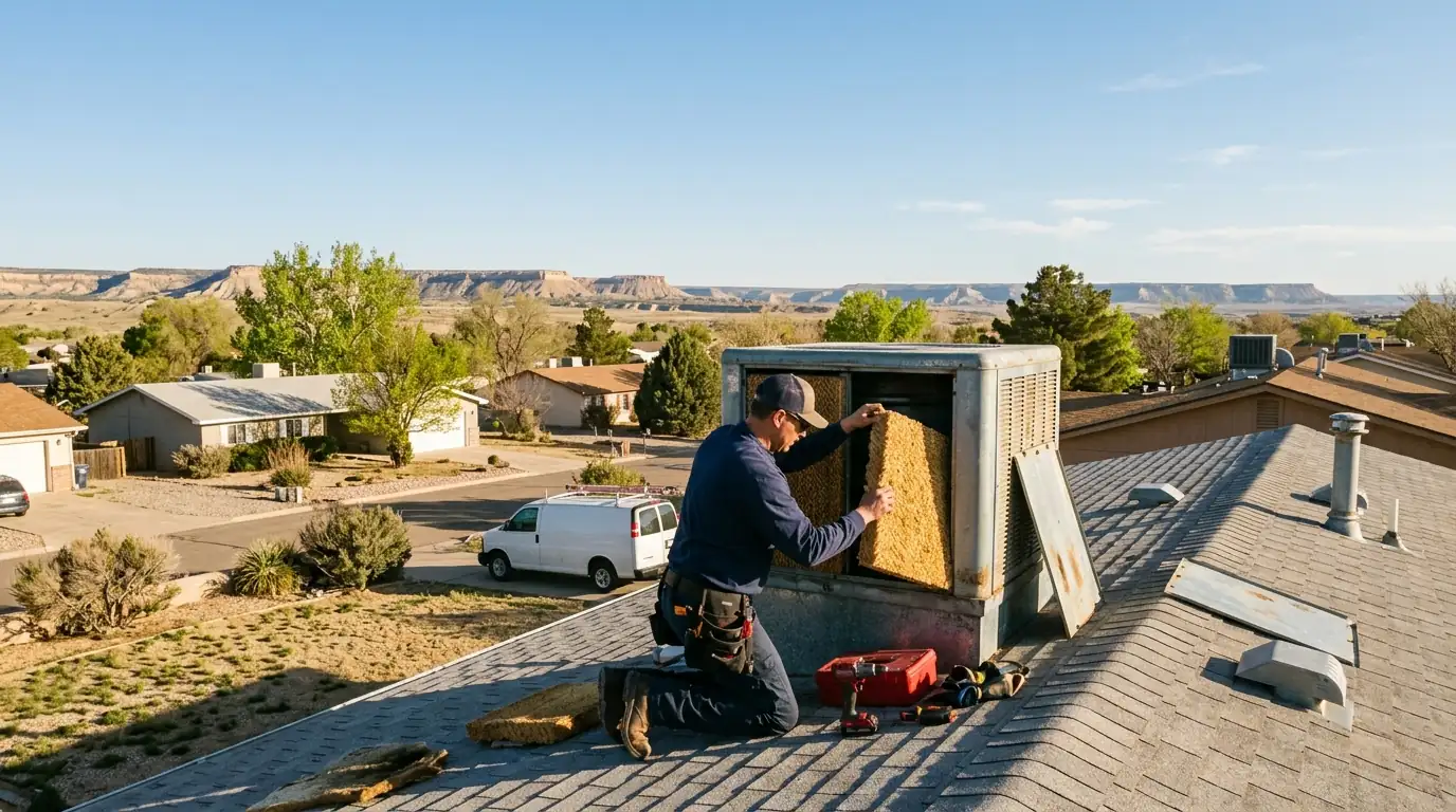Technician replacing pads on a rooftop swamp cooler in Farmington