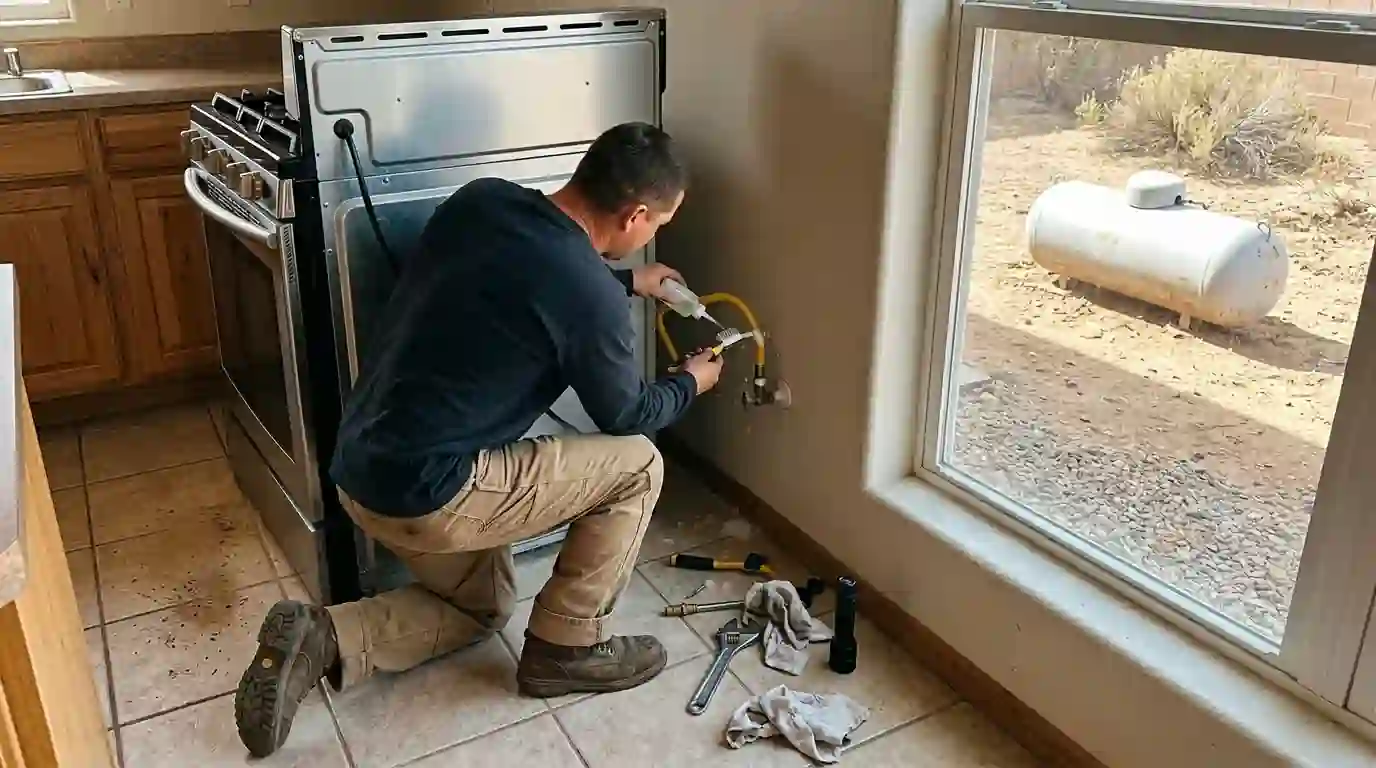 Technician leak-testing a gas connector behind a new range
